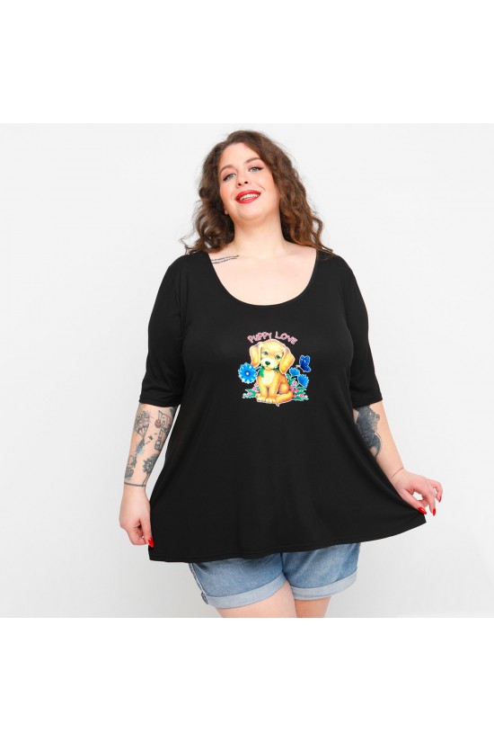 A23-208L-S-22-B Μπλούζα με λαιμόκοψη ανοιχτή με στάμπα - Μαύρο