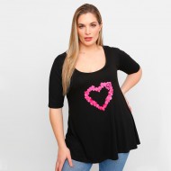 A23-208L-S-28 Μπλούζα με λαιμόκοψη ανοιχτή με στάμπα - Μαύρο