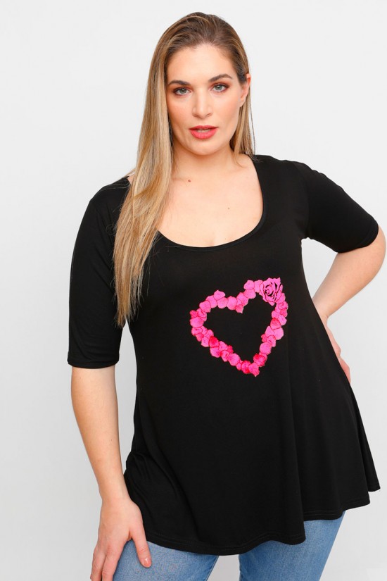 A23-208L-S-28-B Μπλούζα με λαιμόκοψη ανοιχτή με στάμπα - Μαύρο