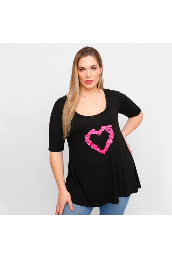 A23-208L-S-28 Μπλούζα με λαιμόκοψη ανοιχτή με στάμπα - Μαύρο A23-208L-S-28 Μπλούζα με λαιμόκοψη ανοιχτή με στάμπα - Μαύρο