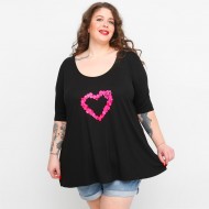 A23-208L-S-28 Μπλούζα με λαιμόκοψη ανοιχτή με στάμπα - Μαύρο