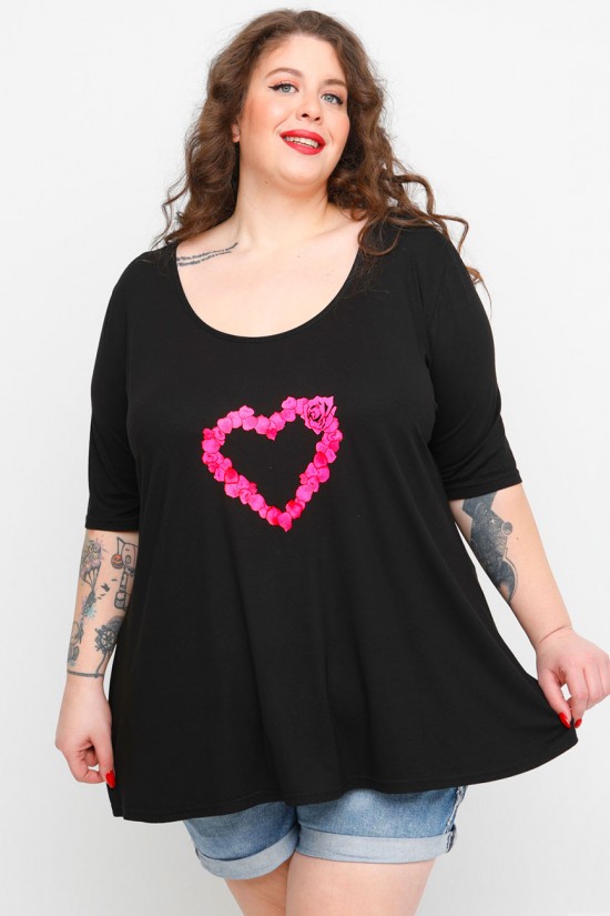 A23-208L-S-28-B Μπλούζα με λαιμόκοψη ανοιχτή με στάμπα - Μαύρο