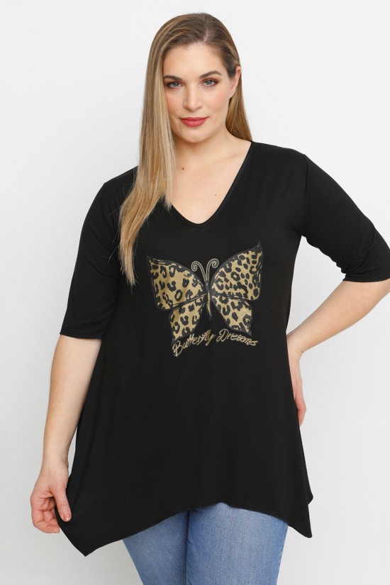 A23-228V-S-18-B Μπλούζα V με στάμπα - Μαύρο