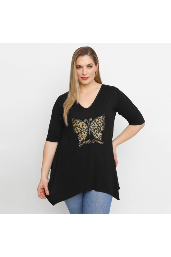 A23-228V-S-18 Μπλούζα V με στάμπα - Μαύρο