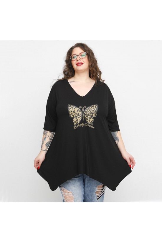 A23-228V-S-18 Μπλούζα V με στάμπα - Μαύρο