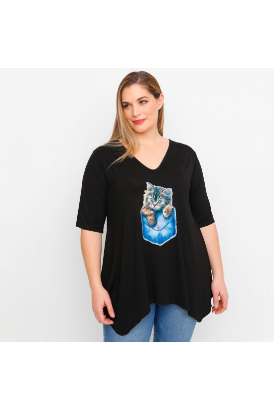 A23-228V-S-25 Μπλούζα V με στάμπα - Μαύρο