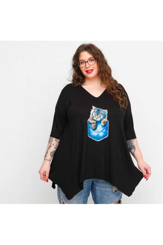 A23-228V-S-25 Μπλούζα V με στάμπα - Μαύρο