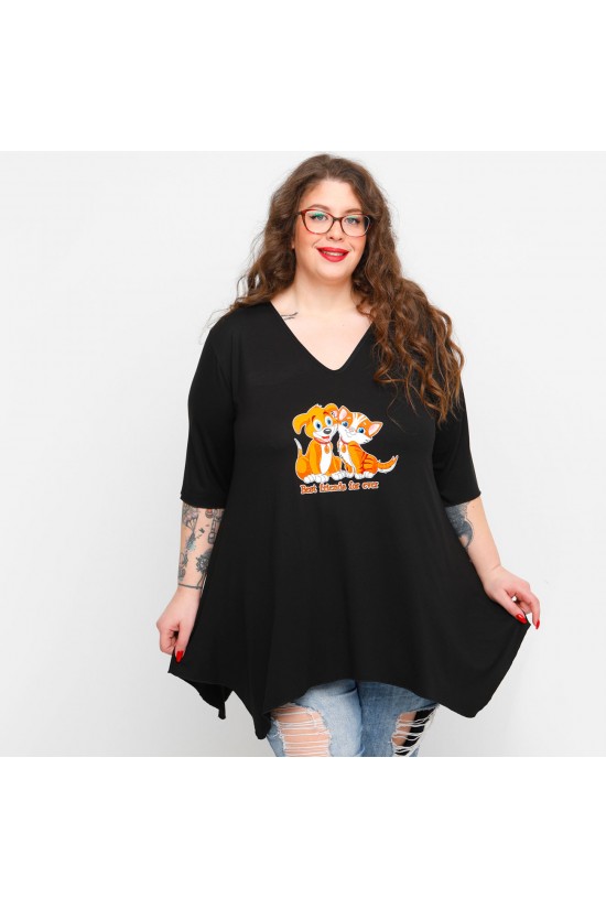 A23-228V-S-26-B Μπλούζα V με στάμπα - Μαύρο