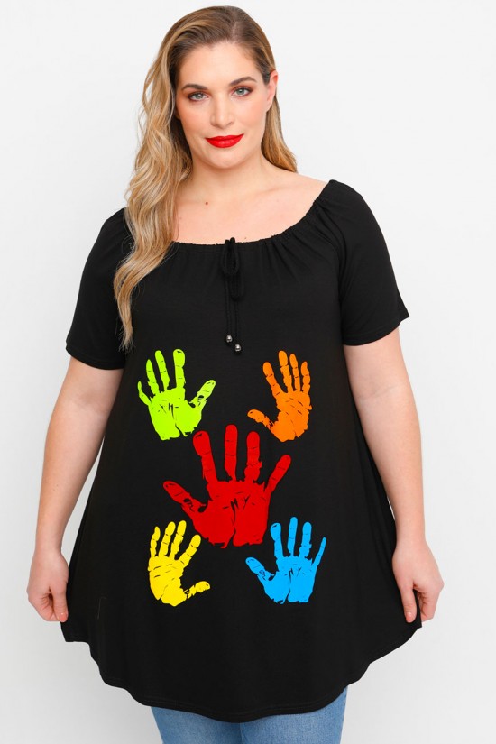 A23-245M-S-12-B Μπλουζοφόρεμα με ανοιχτή λαιμόκοψη με σούρα και στάμπα