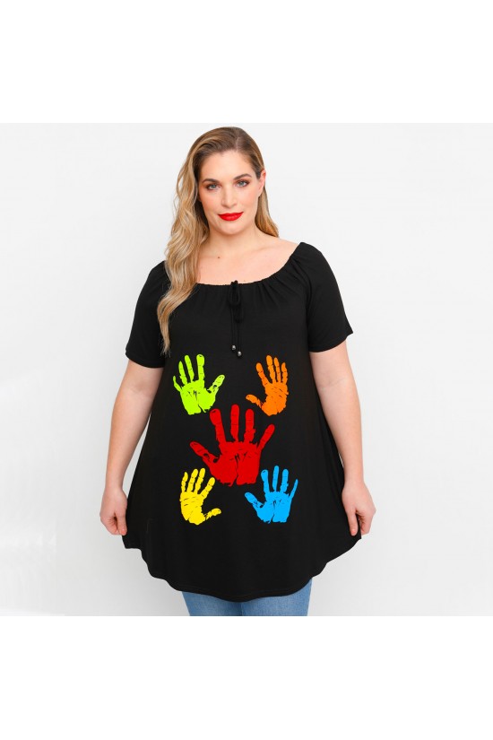 A23-245M-S-12 Μπλουζοφόρεμα με ανοιχτή λαιμόκοψη με σούρα και στάμπα