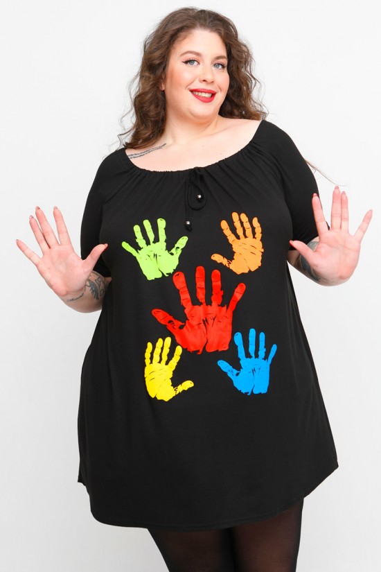 A23-245M-S-12-B Μπλουζοφόρεμα με ανοιχτή λαιμόκοψη με σούρα και στάμπα