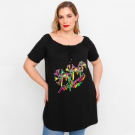 A23-245M-S-14 Μπλουζοφόρεμα με ανοιχτή λαιμόκοψη με σούφρα και στάμπα