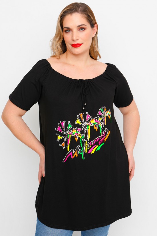 A23-245M-S-14-B Μπλουζοφόρεμα με ανοιχτή λαιμόκοψη με σούφρα και στάμπα