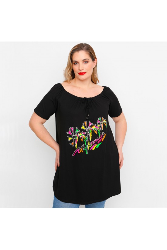 A23-245M-S-14-B Μπλουζοφόρεμα με ανοιχτή λαιμόκοψη με σούφρα και στάμπα A23-245M-S-14-B Μπλουζοφόρεμα με ανοιχτή λαιμόκοψη με σούφρα και στάμπα