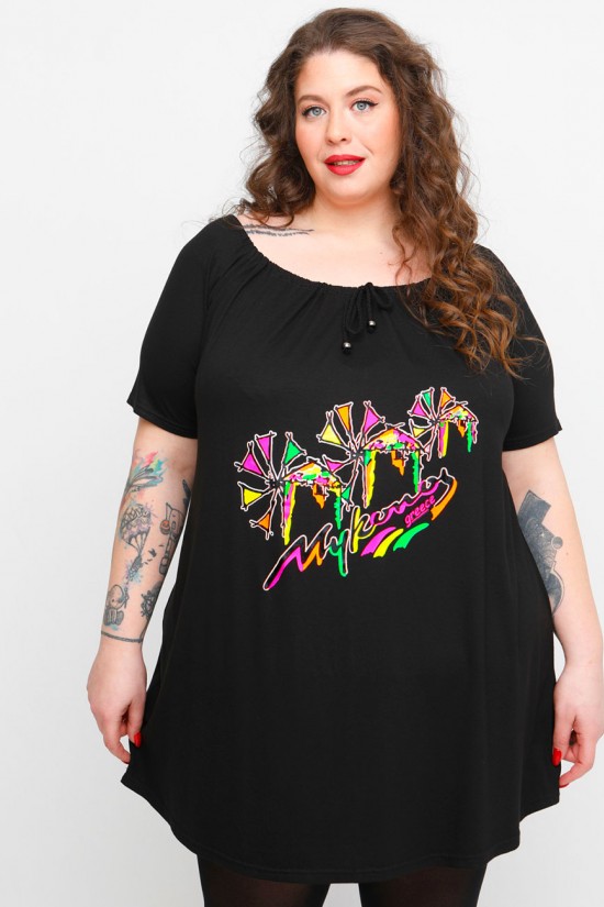 A23-245M-S-14-B Μπλουζοφόρεμα με ανοιχτή λαιμόκοψη με σούφρα και στάμπα