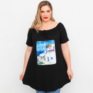 A23-245M-S-16-B Μπλουζοφόρεμα με ανοιχτή λαιμόκοψη με σούφρα και στάμπα