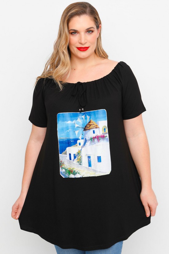 A23-245M-S-16-B Μπλουζοφόρεμα με ανοιχτή λαιμόκοψη με σούφρα και στάμπα