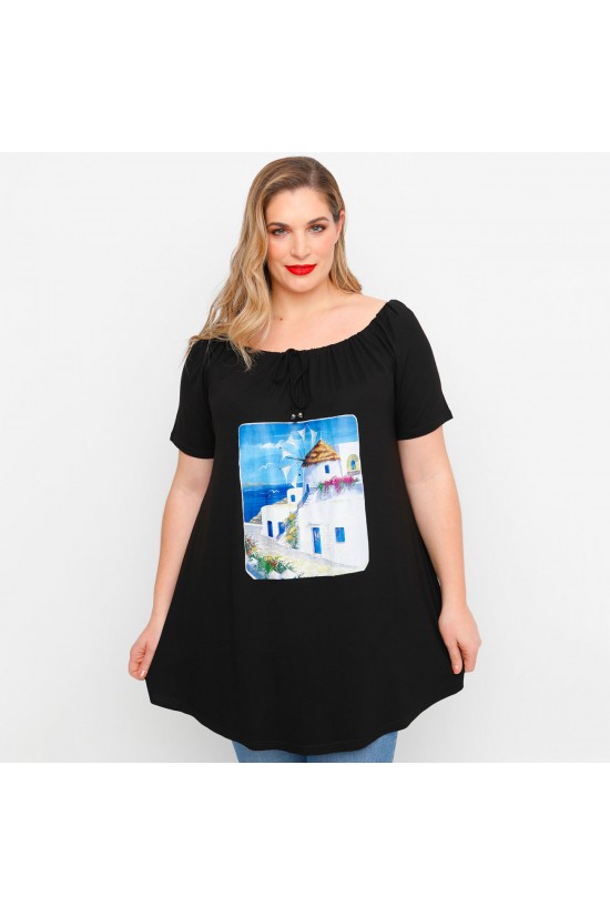 A23-245M-S-16 Μπλουζοφόρεμα με ανοιχτή λαιμόκοψη με σούφρα και στάμπα