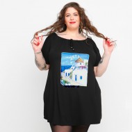 A23-245M-S-16-B Μπλουζοφόρεμα με ανοιχτή λαιμόκοψη με σούφρα και στάμπα