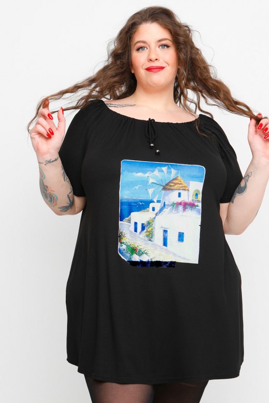 A23-245M-S-16-B Μπλουζοφόρεμα με ανοιχτή λαιμόκοψη με σούφρα και στάμπα