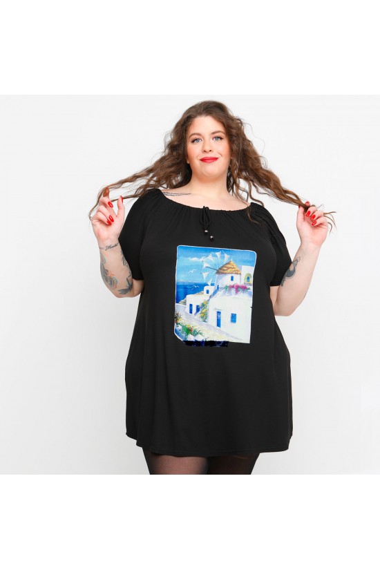 A23-245M-S-16 Μπλουζοφόρεμα με ανοιχτή λαιμόκοψη με σούφρα και στάμπα A23-245M-S-16 Μπλουζοφόρεμα με ανοιχτή λαιμόκοψη με σούφρα και στάμπα