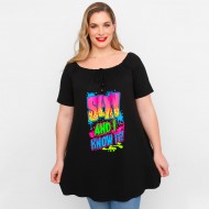 A23-245M-S-17-B Μπλουζοφόρεμα με ανοιχτή λαιμόκοψη και στάμπα