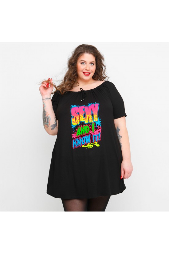 A23-245M-S-17-B Μπλουζοφόρεμα με ανοιχτή λαιμόκοψη και στάμπα