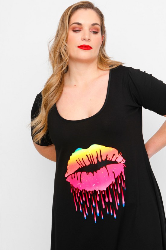 A23-276-S-13 Μπλουζοφόρεμα με στάμπα - Μαύρο