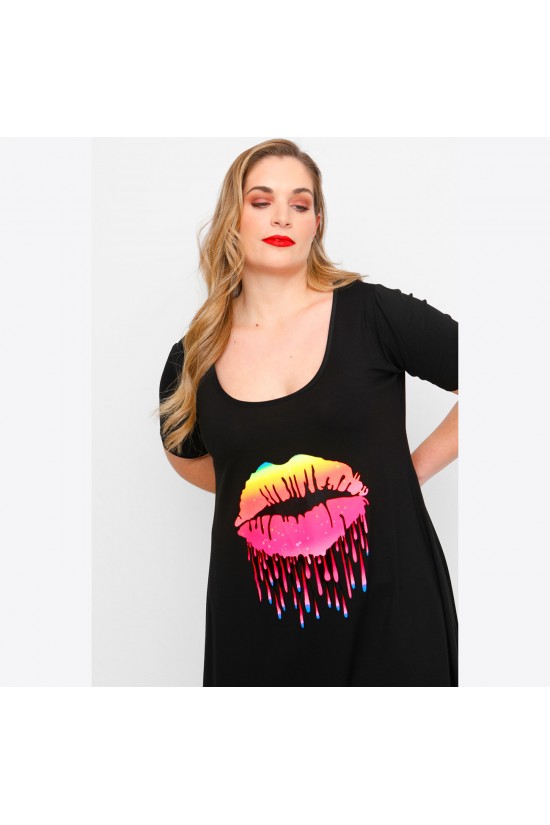 A23-276-S-13 Μπλουζοφόρεμα με στάμπα - Μαύρο