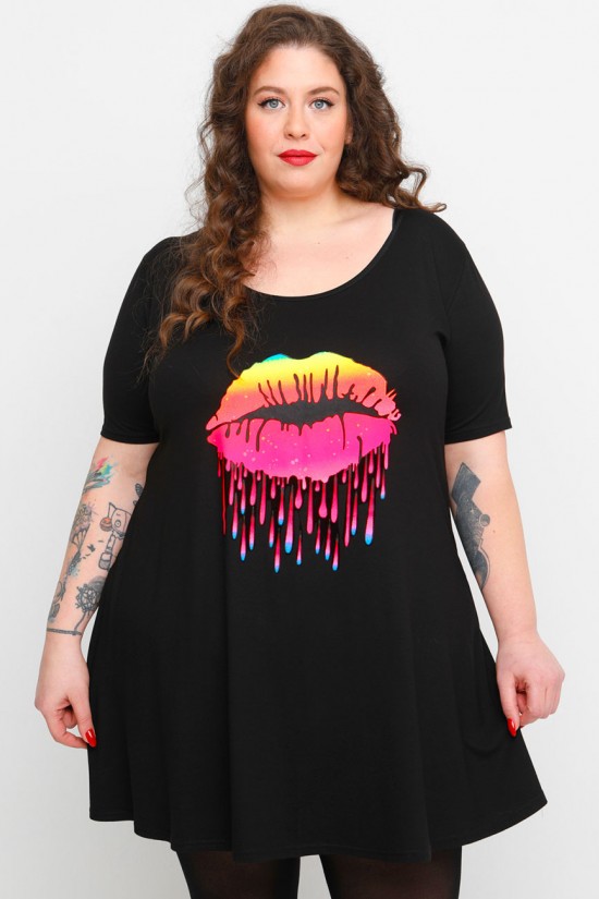 A23-276-S-13-B Μπλουζοφόρεμα με στάμπα - Μαύρο