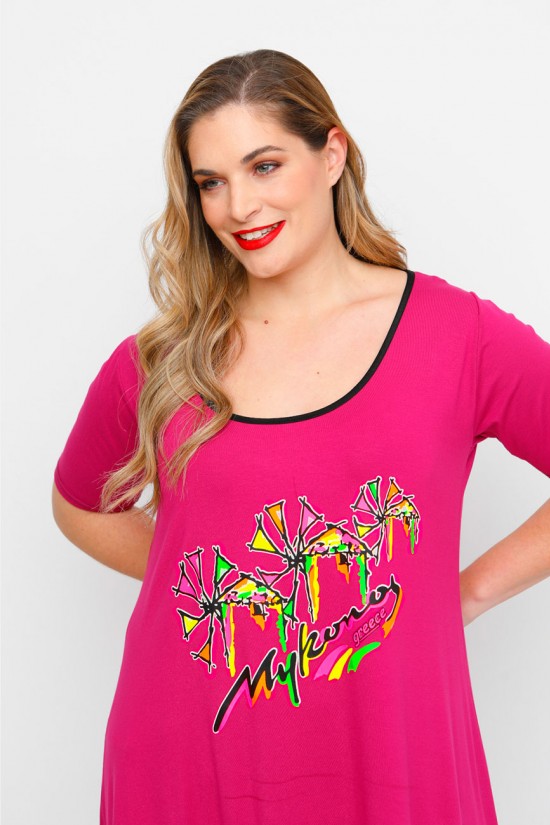 A23-276-S-14 Μπλουζοφόρεμα με στάμπα - Φούξια