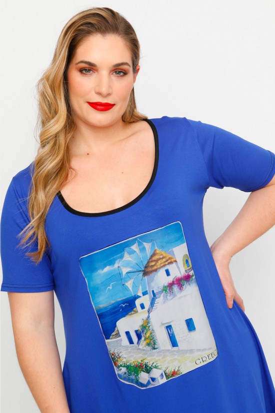 A23-276-S-16 Μπλουζοφόρεμα με στάμπα - Μπλε Ρουά