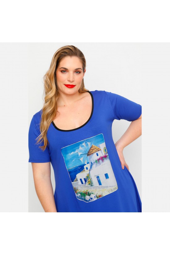 A23-276-S-16 Μπλουζοφόρεμα με στάμπα - Μπλε Ρουά