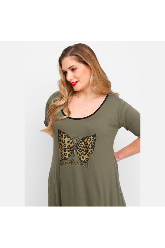 A23-276-S-18 Μπλουζοφόρεμα με στάμπα - Χακί