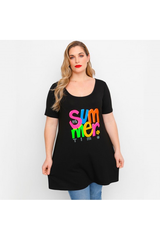 A23-276-S-19 Μπλουζοφόρεμα με στάμπα - Μαύρο