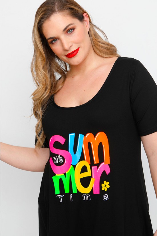 A23-276-S-19 Μπλουζοφόρεμα με στάμπα - Μαύρο