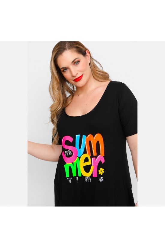 A23-276-S-19 Μπλουζοφόρεμα με στάμπα - Μαύρο