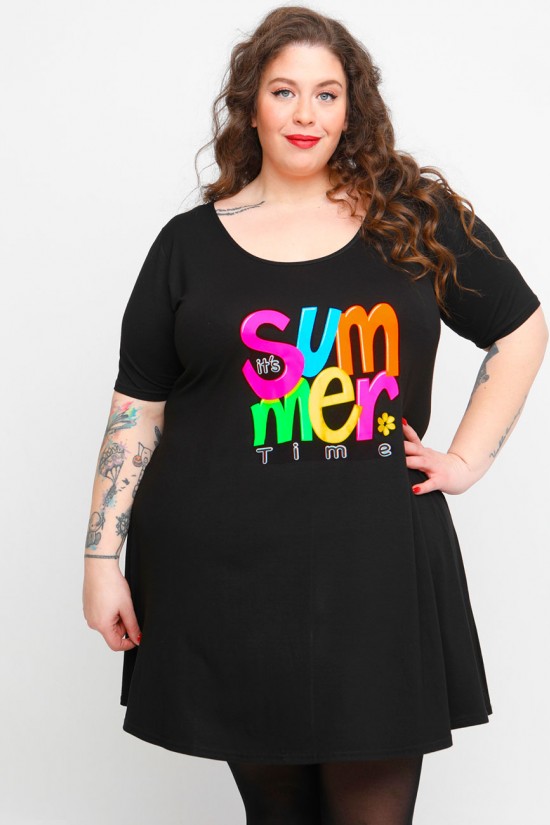 A23-276-S-19-B Μπλουζοφόρεμα με στάμπα - Μαύρο