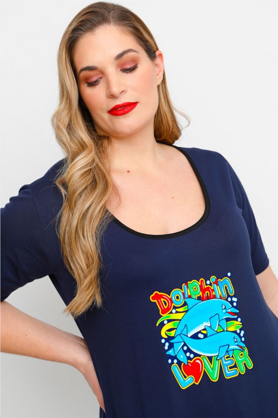 A23-276-S-21 Μπλουζοφόρεμα με στάμπα - Μπλε Μαρέν