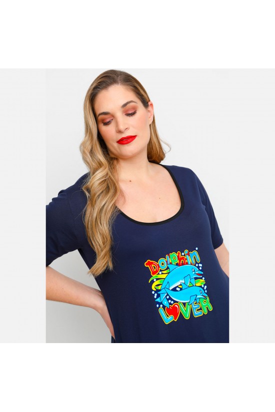 A23-276-S-21 Μπλουζοφόρεμα με στάμπα - Μπλε Μαρέν