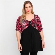 A23-6061 Μπλούζα Εμπριμέ στήθος και μανίκια και δέσιμο στο στήθος - Μπορντώ