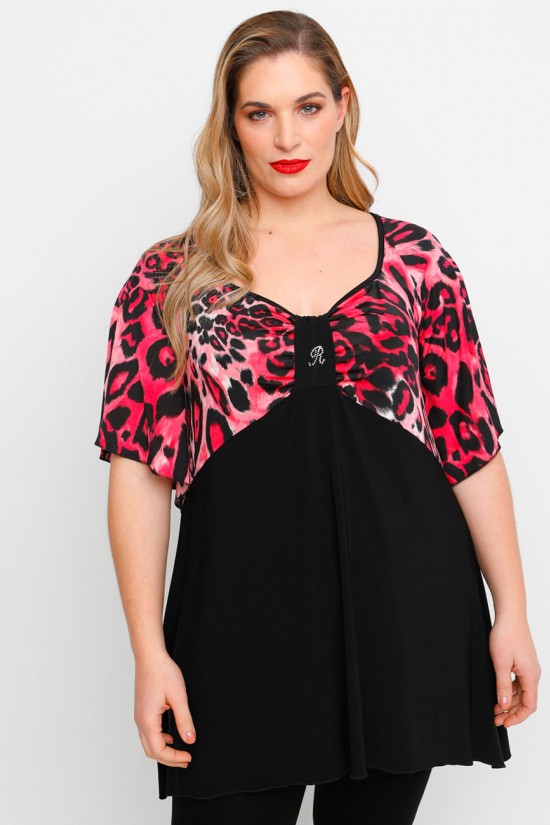 A23-6061 Μπλούζα Εμπριμέ στήθος και μανίκια και δέσιμο στο στήθος - Μπορντώ