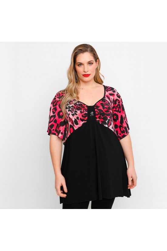 A23-6061 Μπλούζα Εμπριμέ στήθος και μανίκια και δέσιμο στο στήθος - Μπορντώ