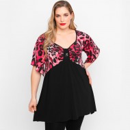 A23-6061 Μπλούζα Εμπριμέ στήθος και μανίκια και δέσιμο στο στήθος - Μπορντώ