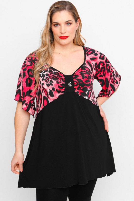 A23-6061 Μπλούζα Εμπριμέ στήθος και μανίκια και δέσιμο στο στήθος - Μπορντώ