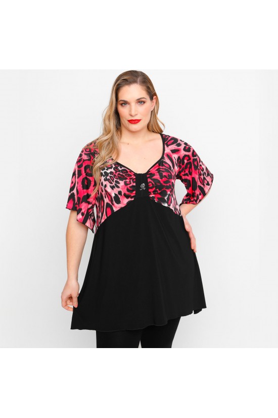 A23-6061 Μπλούζα Εμπριμέ στήθος και μανίκια και δέσιμο στο στήθος - Μπορντώ