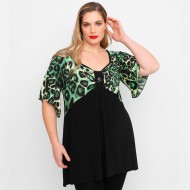 A23-6061 Μπλούζα Εμπριμέ στήθος και μανίκια και δέσιμο στο στήθος - Πράσινο