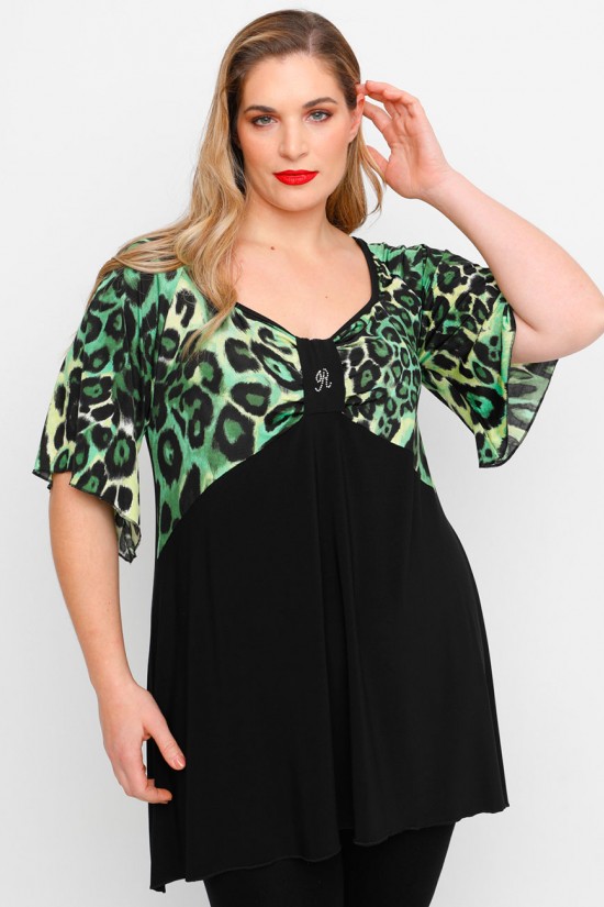 A23-6061 Μπλούζα Εμπριμέ στήθος και μανίκια και δέσιμο στο στήθος - Πράσινο