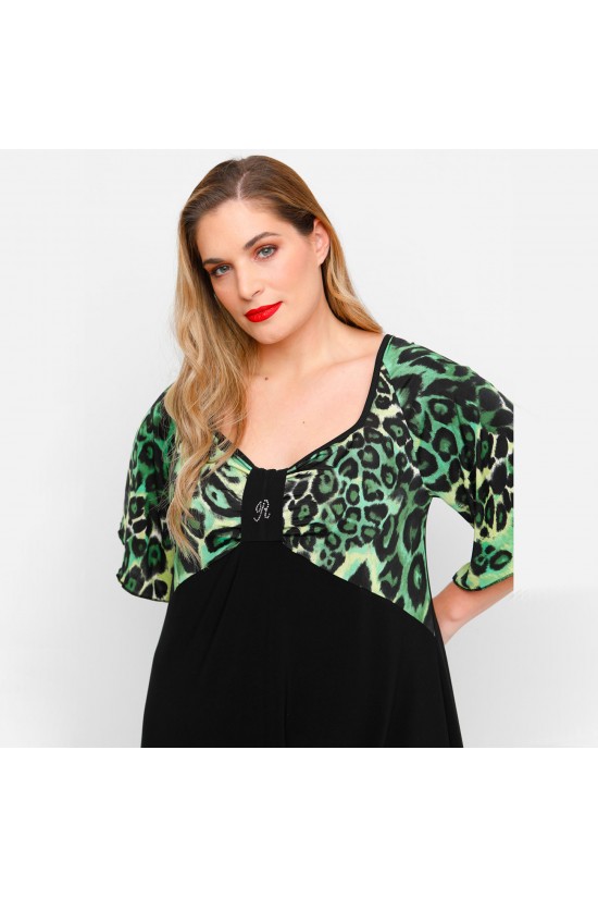 A23-6061 Μπλούζα Εμπριμέ στήθος και μανίκια και δέσιμο στο στήθος - Πράσινο