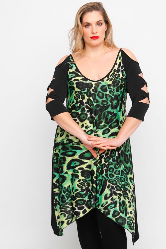 A23-6082 Μπλουζοφόρεμα με κοψίματα - Πράσινο